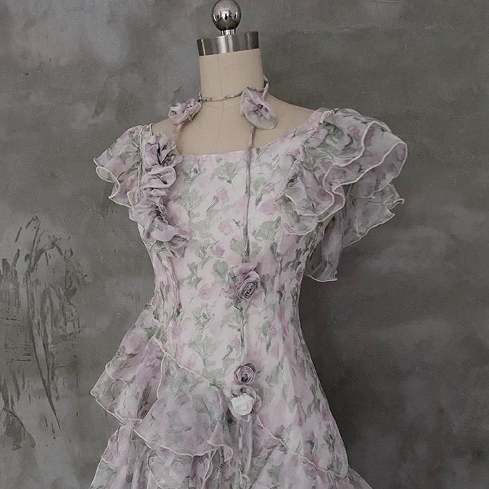 Modest A Line Scoop Short Sleeves Floral Ruffles Prom Dresses Birthday Dress For Women
