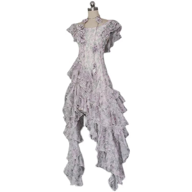 Modest A Line Scoop Short Sleeves Floral Ruffles Prom Dresses Birthday Dress For Women