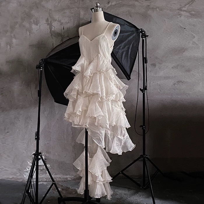 Chic High Low Spaghetti Straps Prom Dresses Birthday Dress With Ruffles