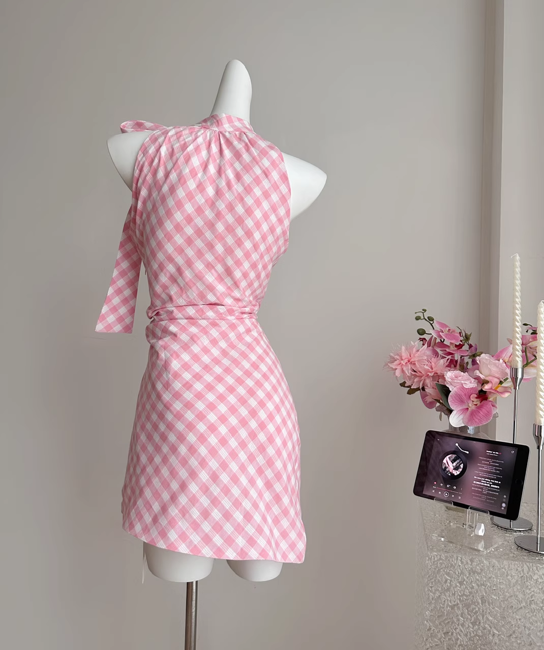 Halter Neck Off Shoulder Pink Plaid Sleeveless Dress Irregular Bow Holiday Dresses