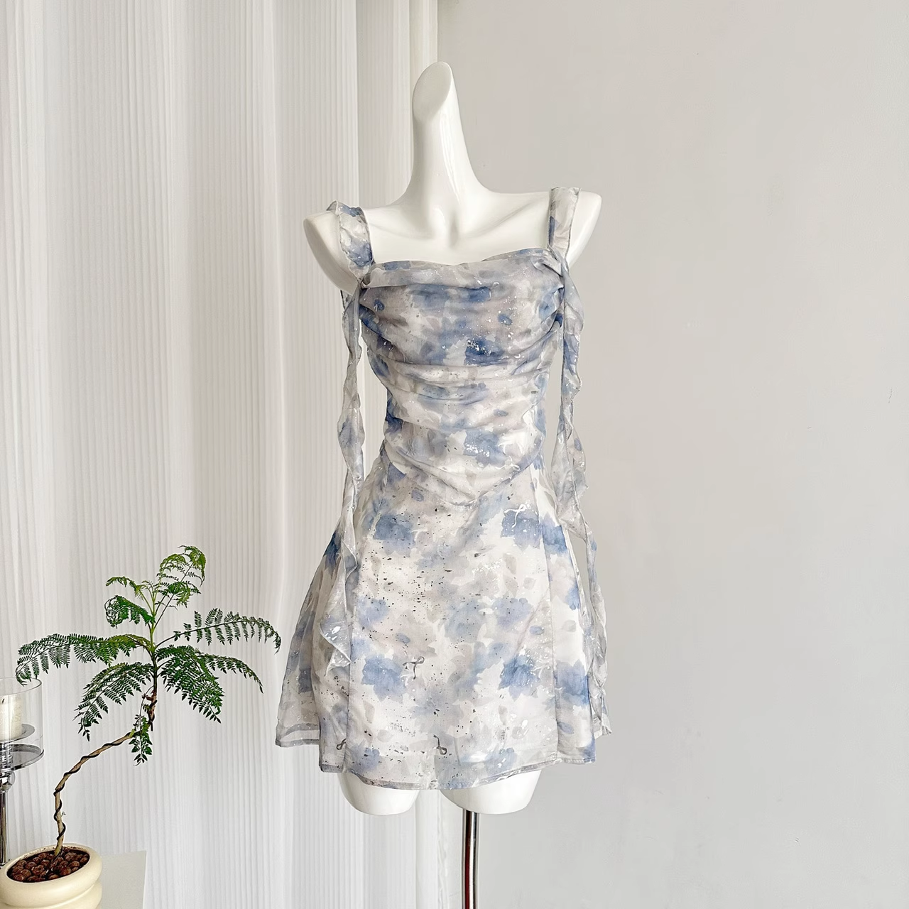 Sheath Straps Sleeveless Floral Blue Dress Short Holiday Dresses