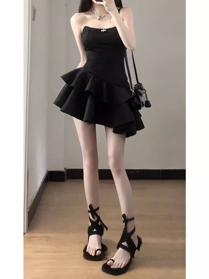 Cute A line Strapless Little Black Dress Hoco Dresses Short Satin Birthday Outfits