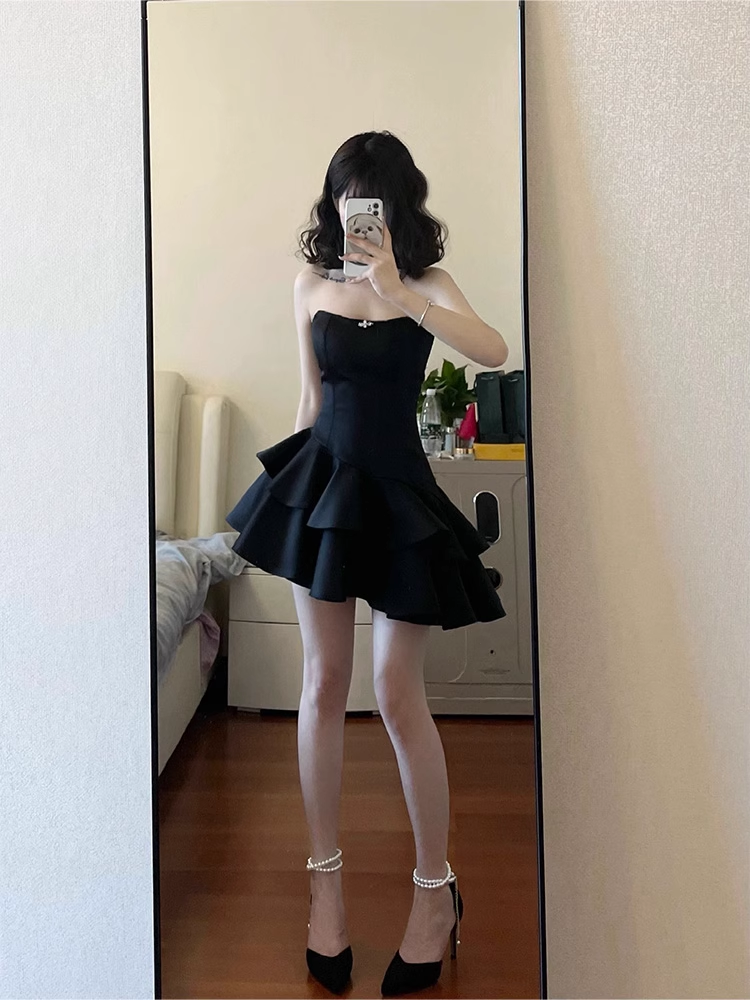 Cute A line Strapless Little Black Dress Hoco Dresses Short Satin Birthday Outfits