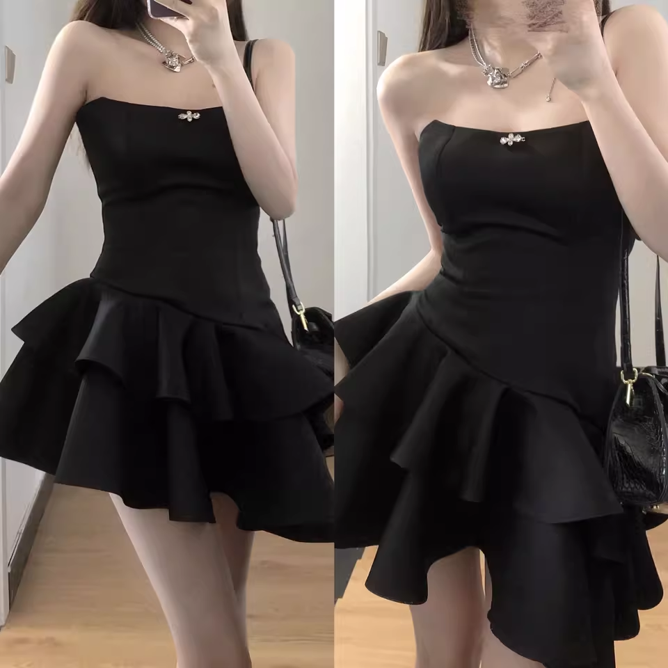 Cute A line Strapless Little Black Dress Hoco Dresses Short Satin Birthday Outfits