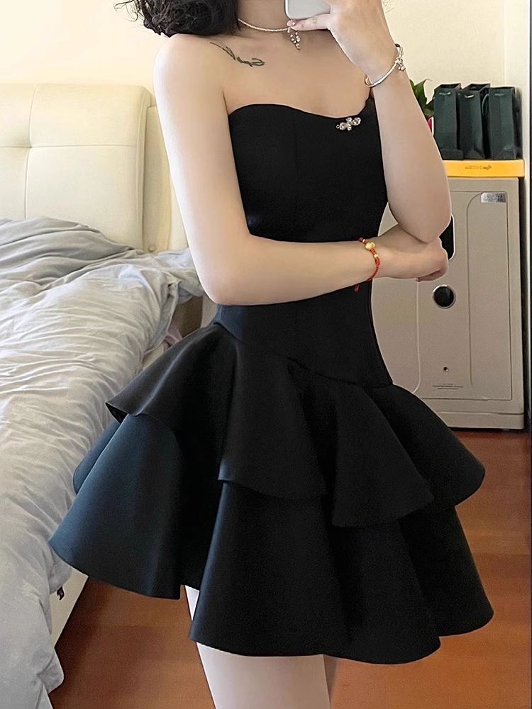 Cute A line Strapless Little Black Dress Hoco Dresses Short Satin Birthday Outfits