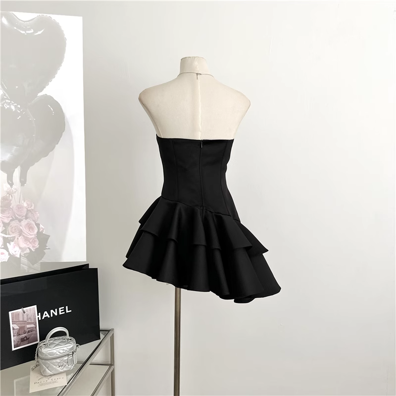 Cute A line Strapless Black Homecoming Dresses Short Satin Birthday Outfits