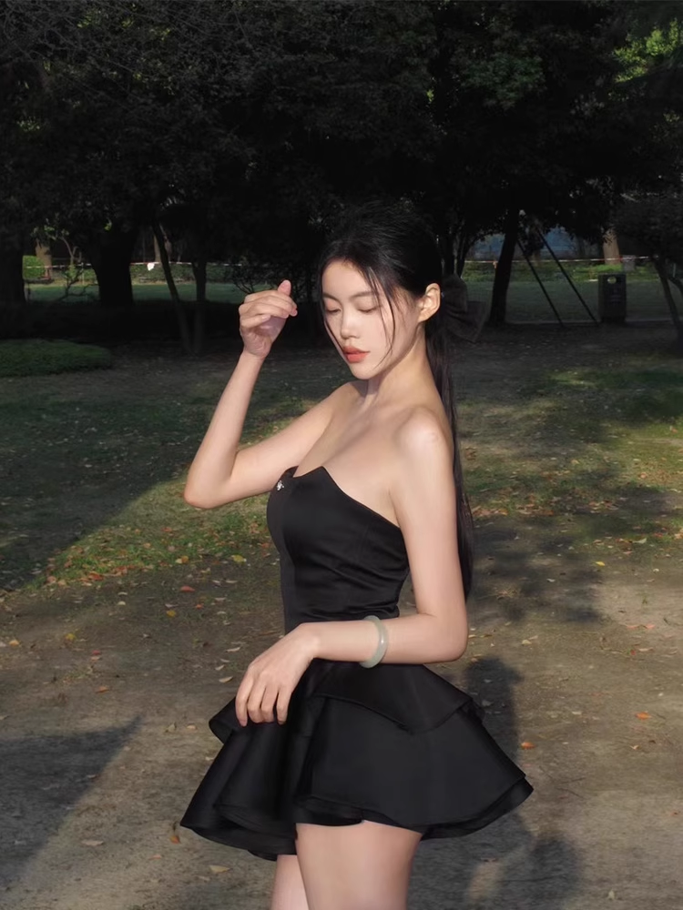Pretty A line Strapless Little Black Dress Hoco Dresses Short Birthday Outfits