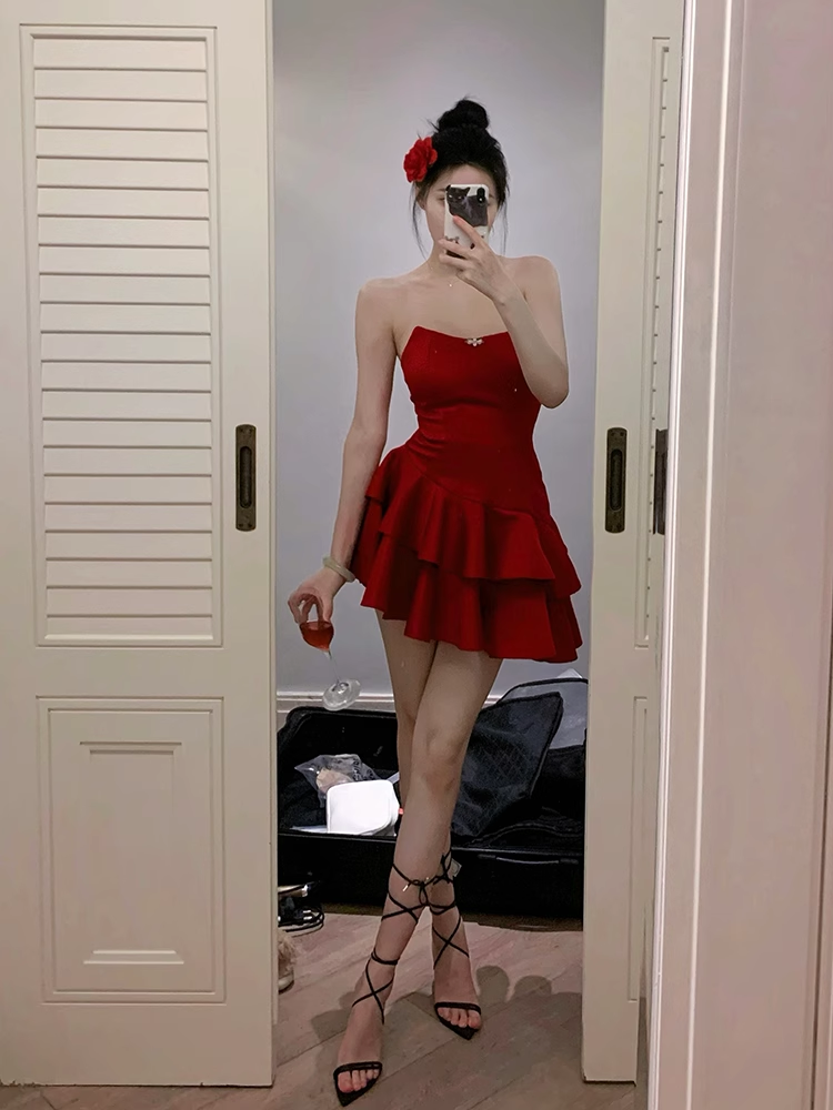 Pretty A line Strapless Red Dinner Dress Hoco Dresses Short Birthday Outfits