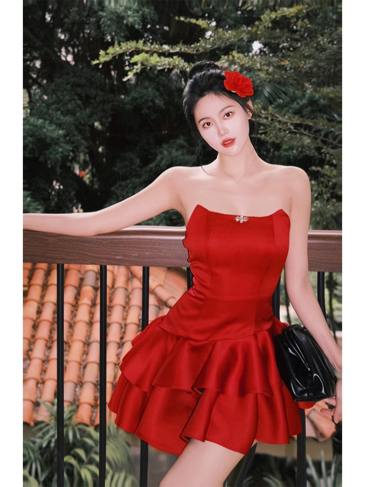 Pretty A line Strapless Red Dinner Dress Hoco Dresses Short Birthday Outfits