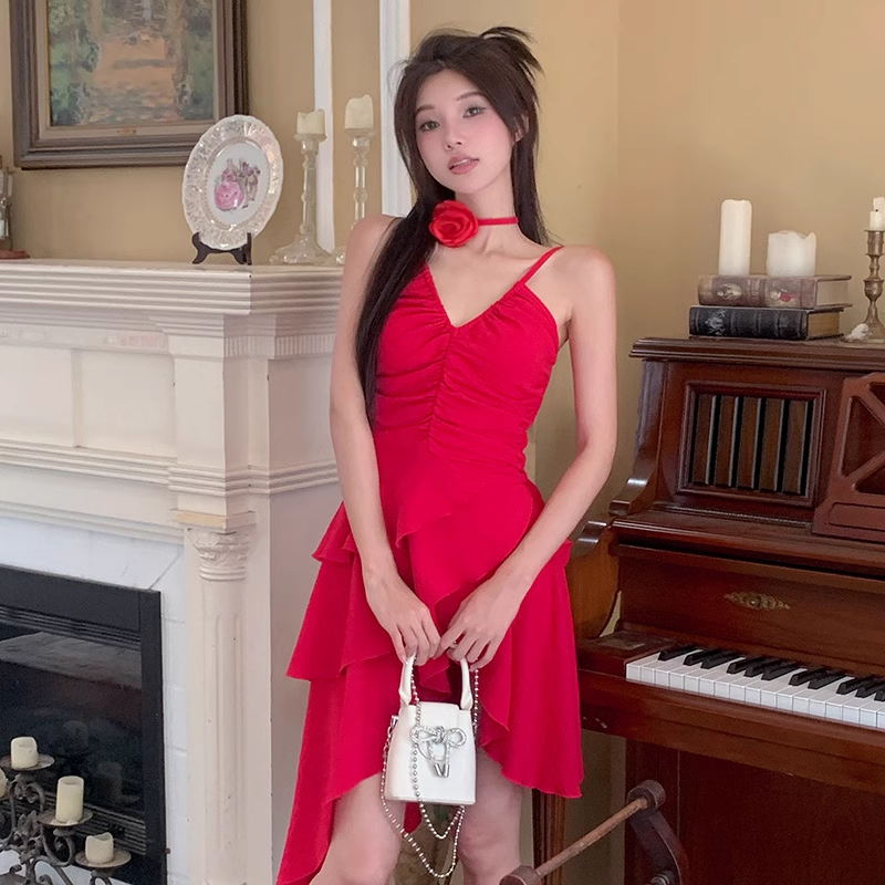 Simple A line Irregular Hem Spaghetti Straps Red Dinner Dress Short Birthday Outfit