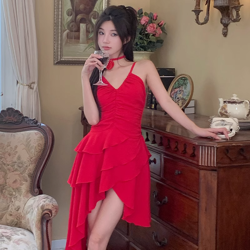 Simple A line Irregular Hem Spaghetti Straps Red Dinner Dress Short Birthday Outfit