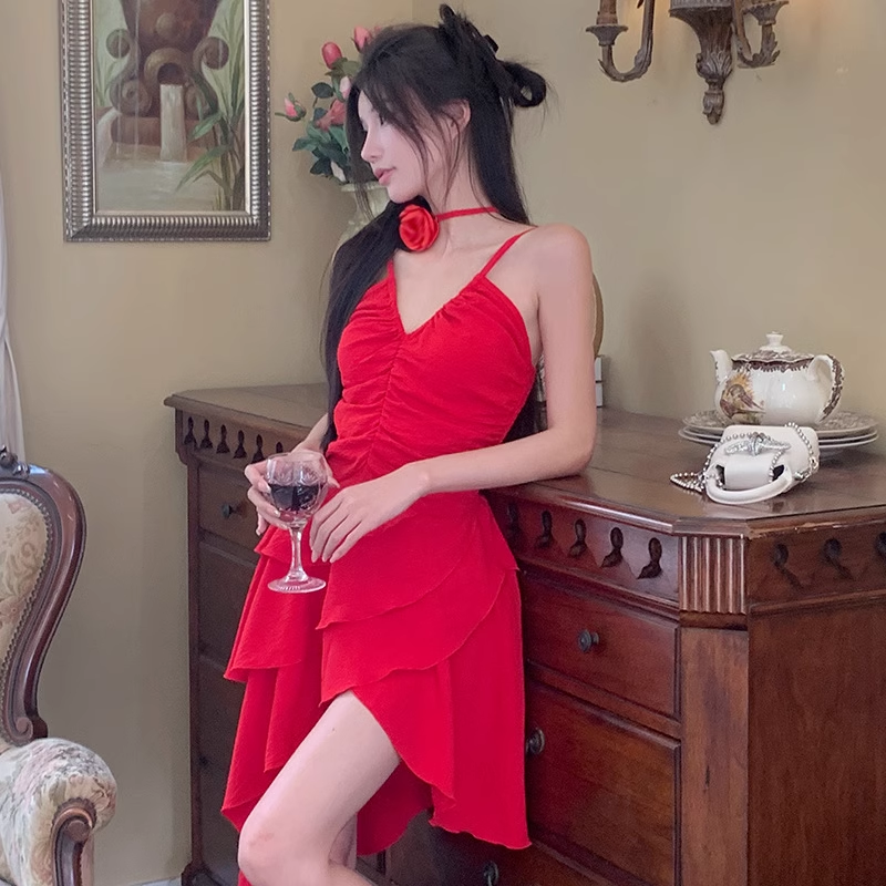 Simple A line Irregular Hem Spaghetti Straps Red Dinner Dress Short Birthday Outfit