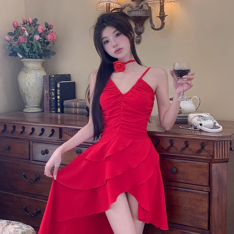 Simple A line Irregular Hem Spaghetti Straps Red Dinner Dress Short Birthday Outfit