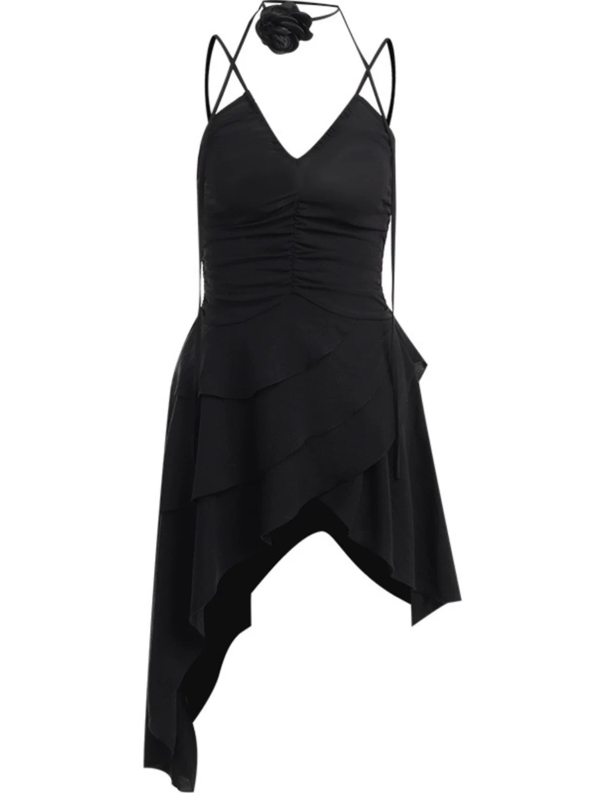 Simple A line Irregular Hem Spaghetti Straps Little Black Dresses Short Satin Birthday Outfit