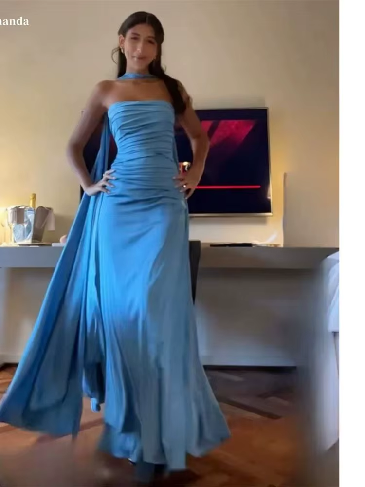 Classy Sheath Strapless With Ribbon Blue Ruffles Long Prom Dress