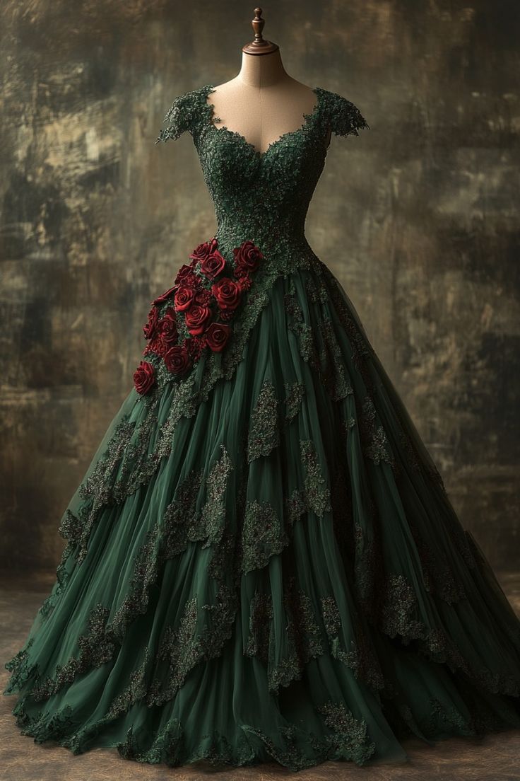 Classy Ball Gown Short Sleeves Dark Green Lace Long Party Dress Satin Prom Dresses