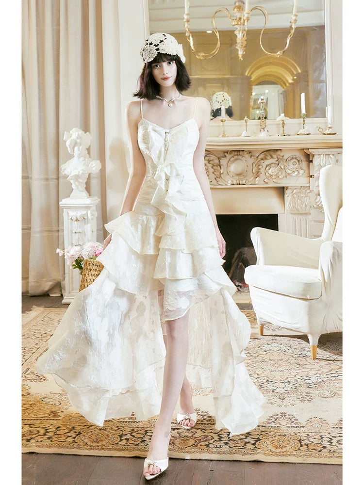 Pretty A Line High Low Ruffles Long Evening Dress Lace White Prom Dresses