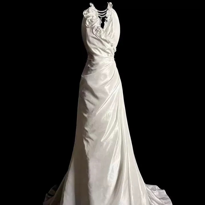 Classy A Line Halter Satin Ivory Long Wedding Dress Bridal Dresses