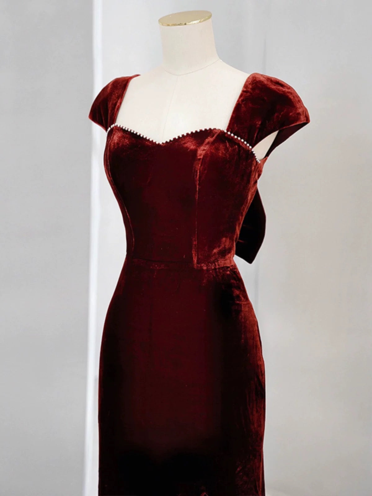 Pretty Mermaid Burgundy Velvet Slit Evening Dress Prom Dresses
