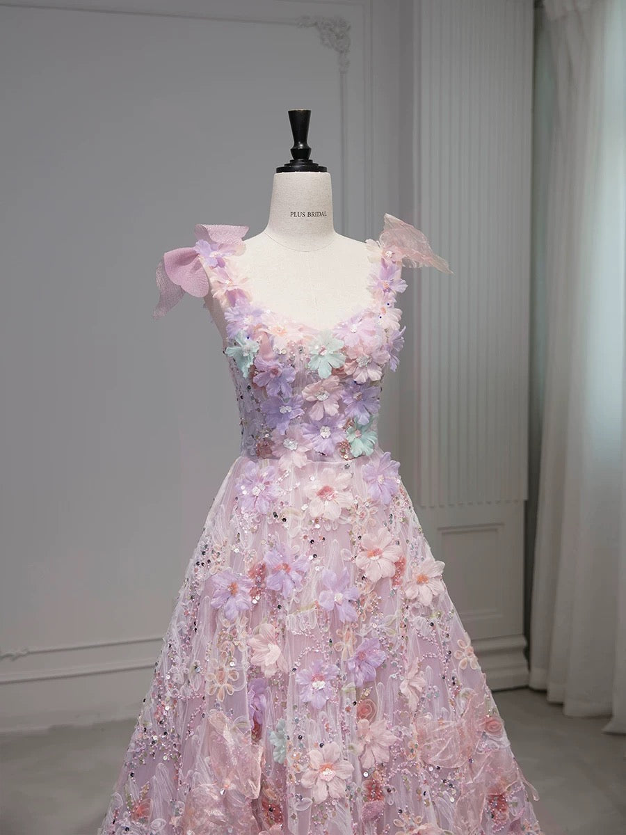 Pretty A Line Spaghetti Straps Pink Floral Long Length Evening Dress Prom Dresses