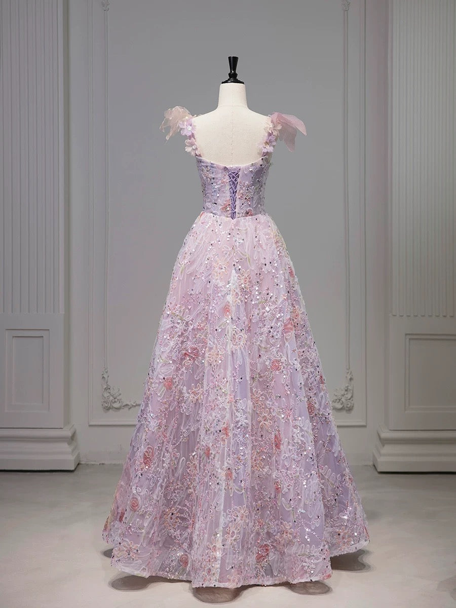 Pretty A Line Spaghetti Straps Pink Floral Long Length Evening Dress Prom Dresses