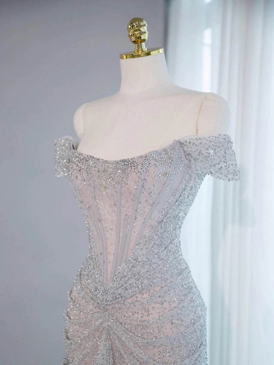 Pretty Mermaid Off The Shoulder Silver Sequin Evening Dress Prom Dresses