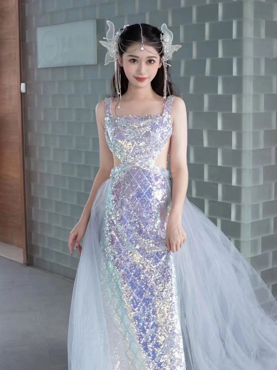 Pretty Mermaid Square Neckline Sequin Long Evening Dress Prom Dresses