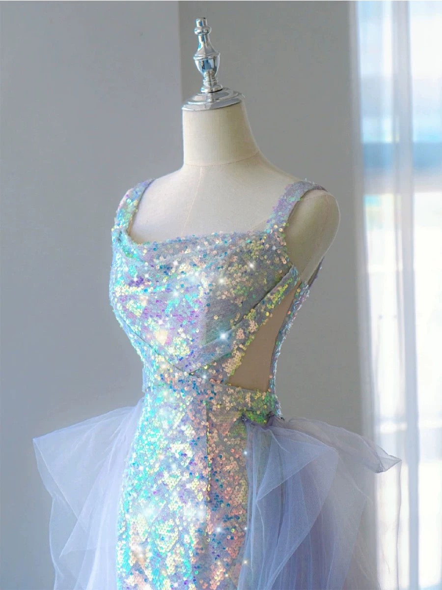 Pretty Mermaid Square Neckline Sequin Long Evening Dress Prom Dresses