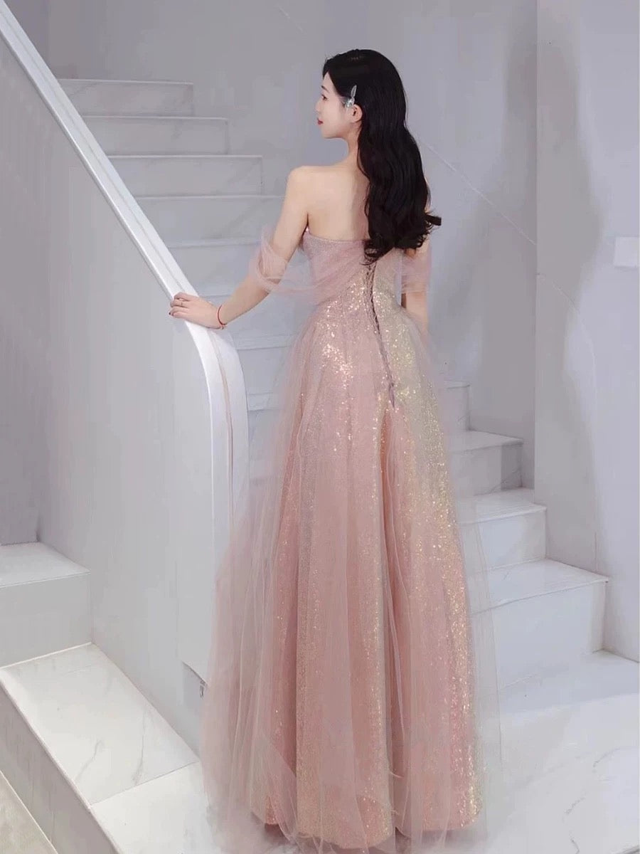 Pretty A Line Sweetheart Pink Sequin Long Length Evening Dress Prom Dresses