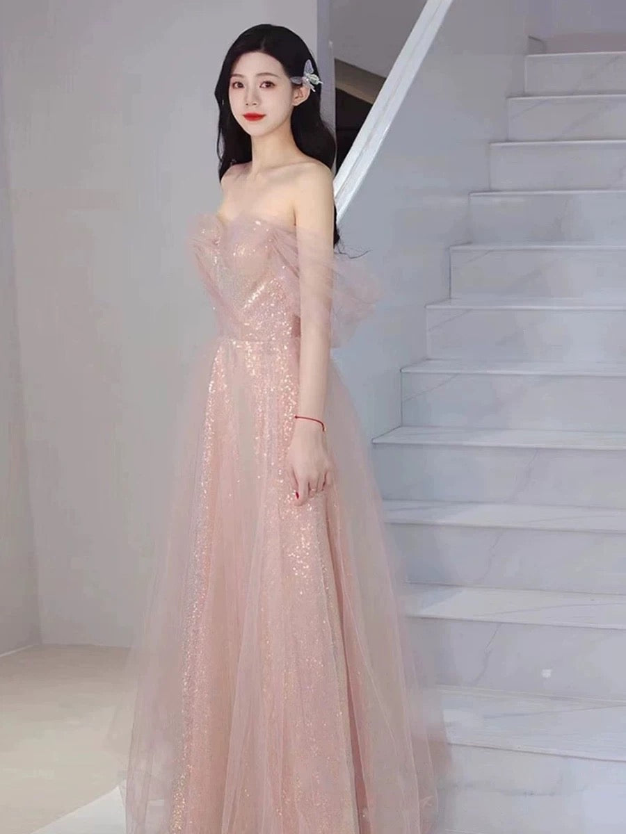Pretty A Line Sweetheart Pink Sequin Long Length Evening Dress Prom Dresses
