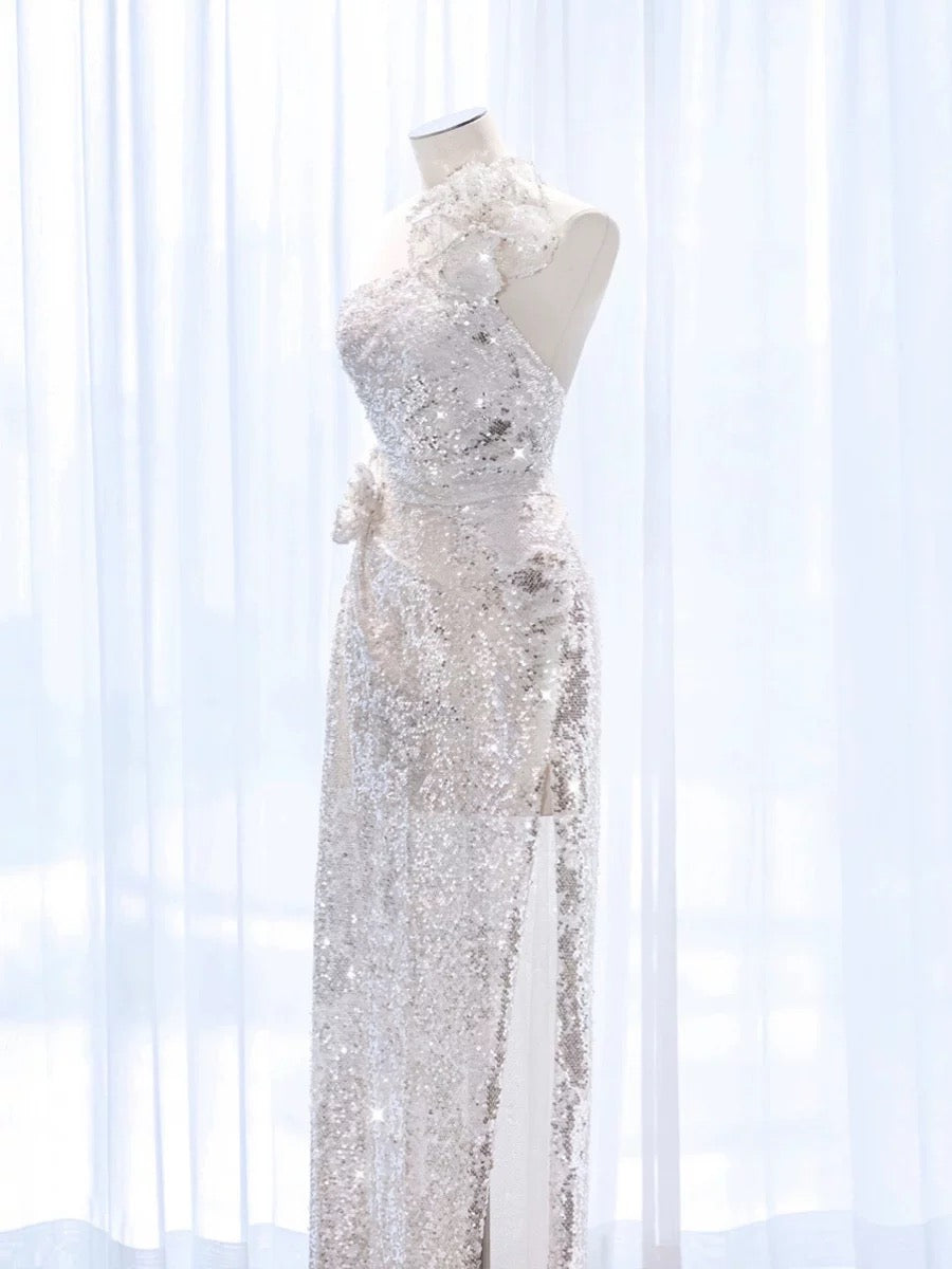 Pretty A Line One Shoulder Silver Sequin Long Length Evening Dress Prom Dresses