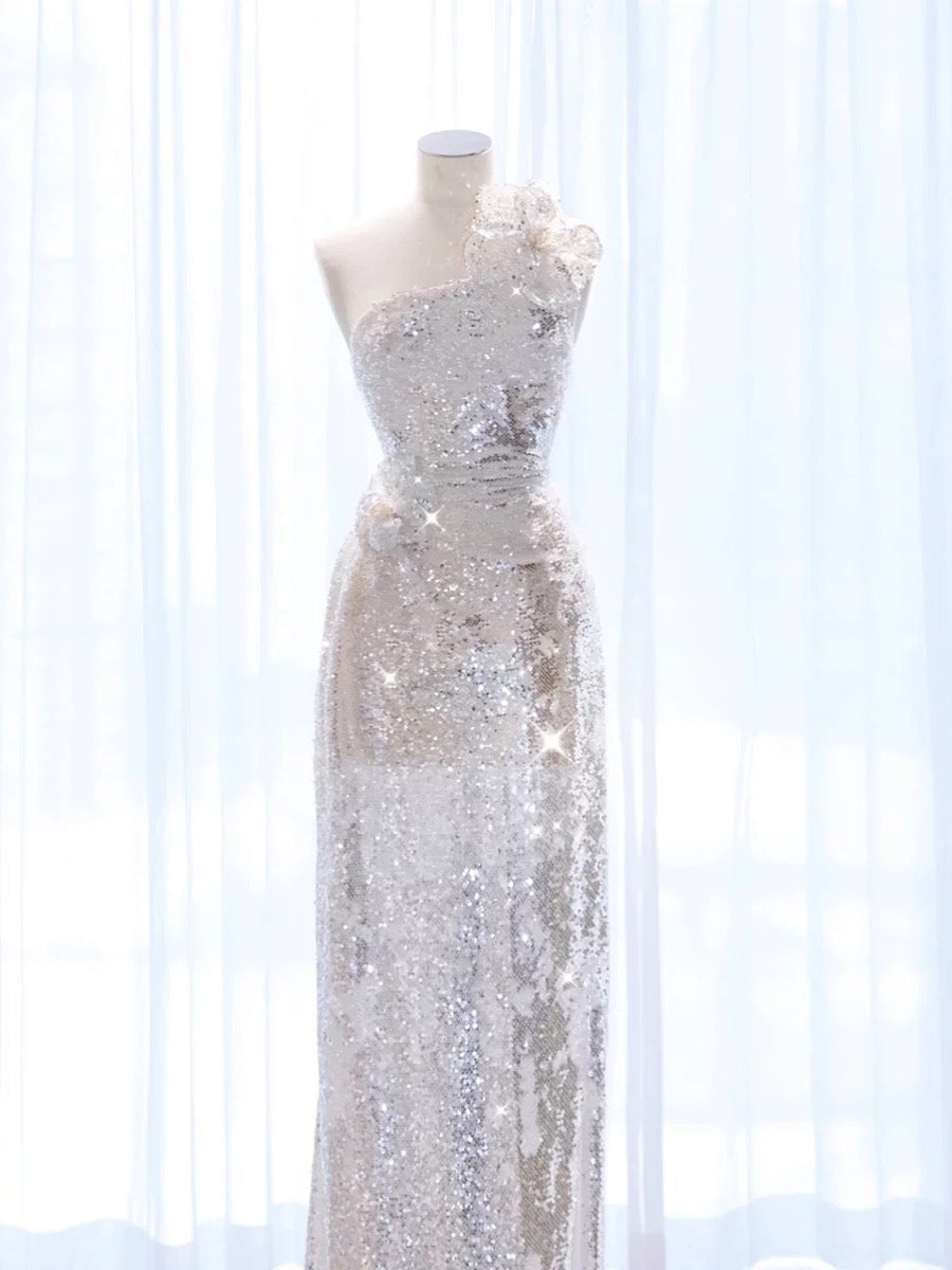 Pretty A Line One Shoulder Silver Sequin Long Length Evening Dress Prom Dresses