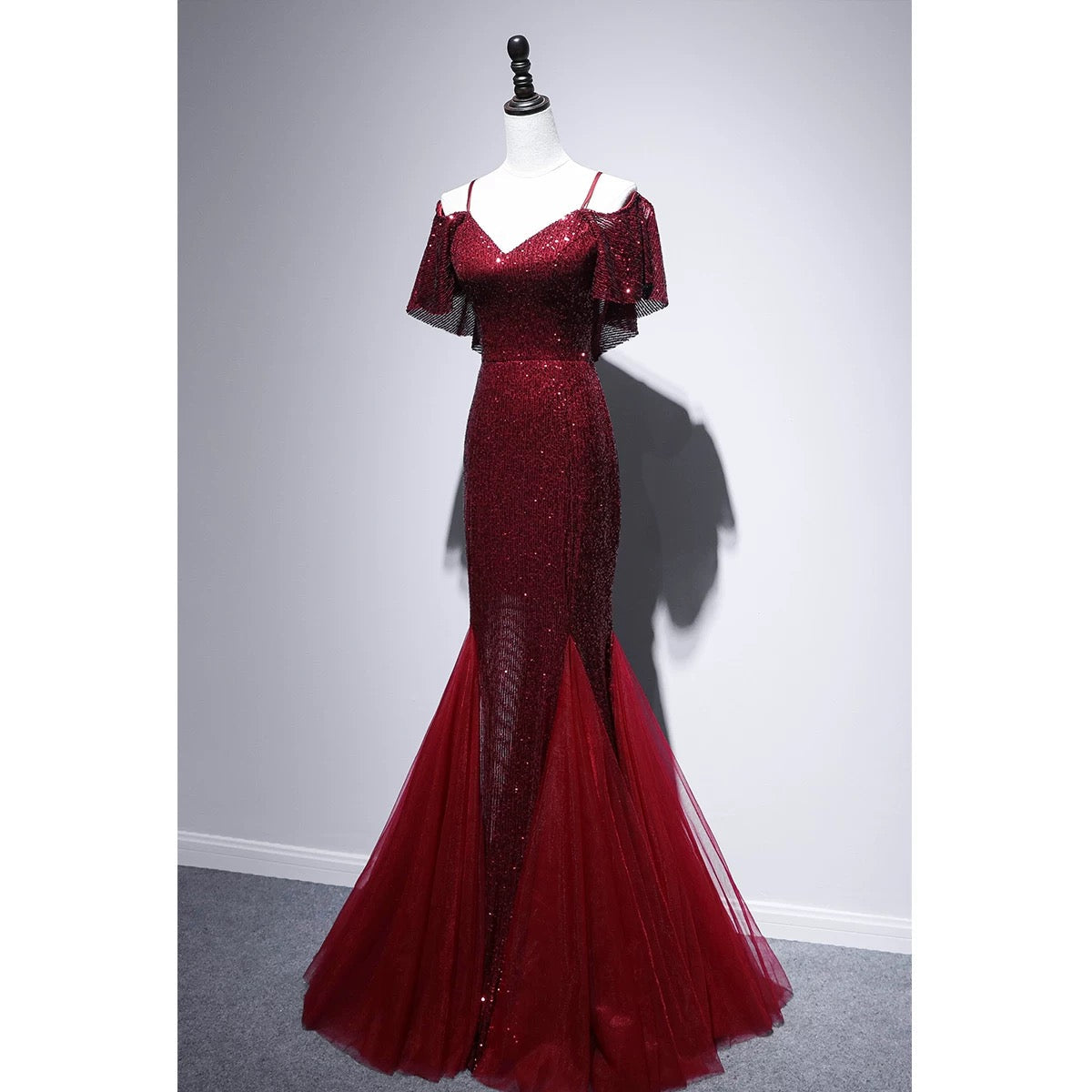Pretty Mermaid Off The Shoulder Burgundy Sequin Long Evening Dress Prom Dresses