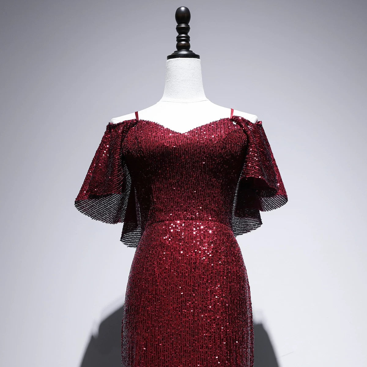 Pretty Mermaid Off The Shoulder Burgundy Sequin Long Evening Dress Prom Dresses