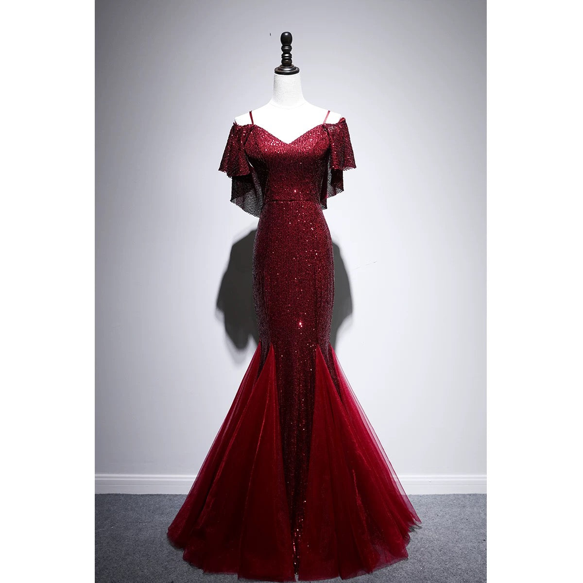 Pretty Mermaid Off The Shoulder Burgundy Sequin Long Evening Dress Prom Dresses