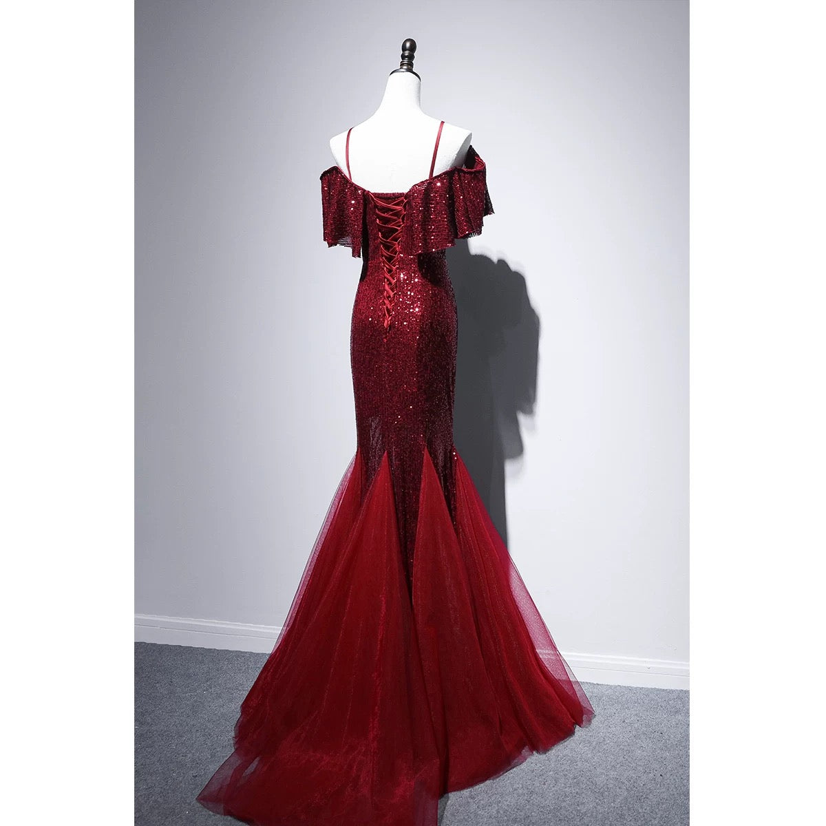 Pretty Mermaid Off The Shoulder Burgundy Sequin Long Evening Dress Prom Dresses