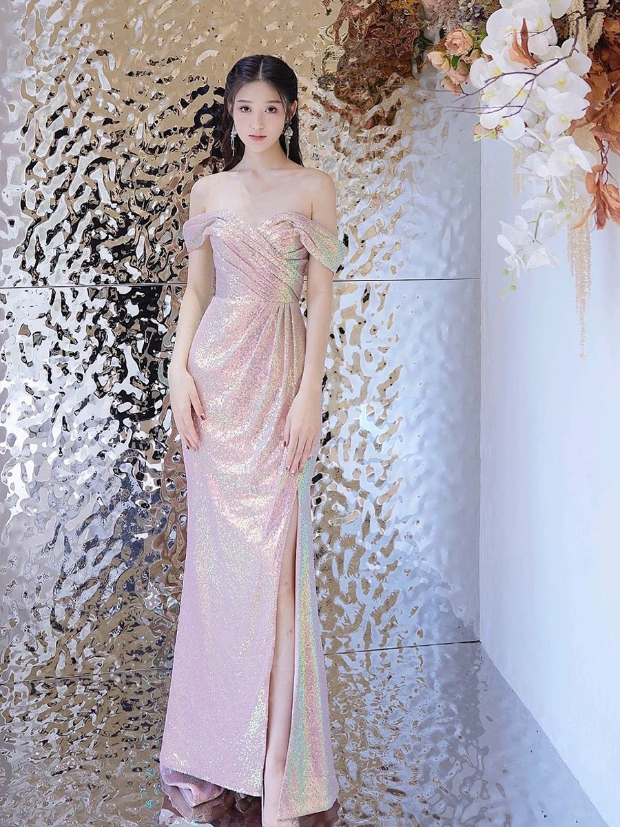 Pretty Mermaid Off The Shoulder Pink Sequin Long Evening Dress Prom Dresses