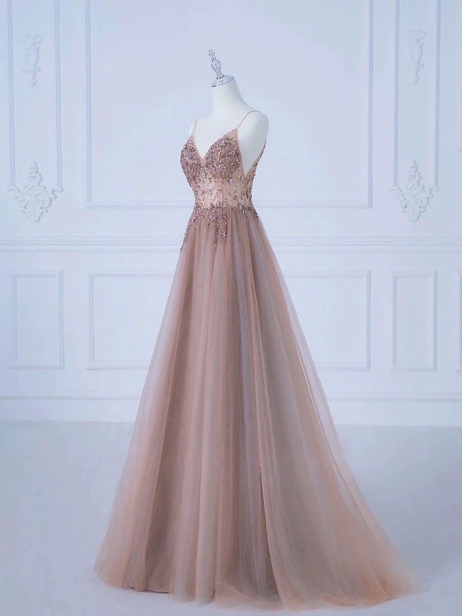 Pretty A line Spaghetti Straps Tulle Long Length Evening Dress Prom Dresses