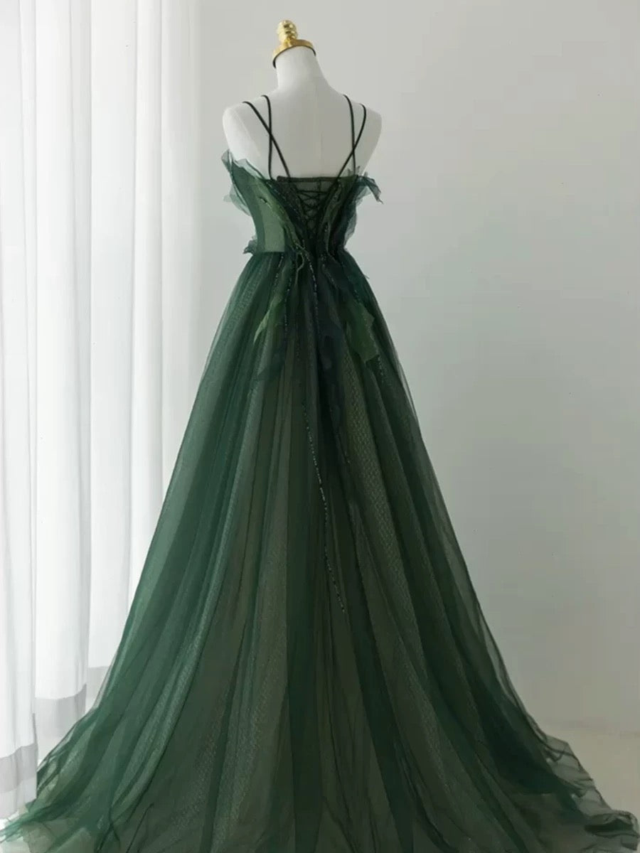 Pretty Ball Gown Spaghetti Straps Tulle Green Long Length Evening Dress Prom Dresses