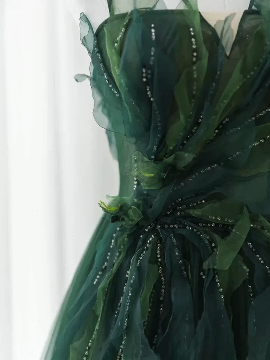 Pretty Ball Gown Spaghetti Straps Tulle Green Long Length Evening Dress Prom Dresses