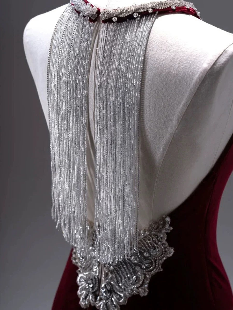 Pretty Mermaid Burgundy Velvet Long Backless Evening Dress Prom Dresses