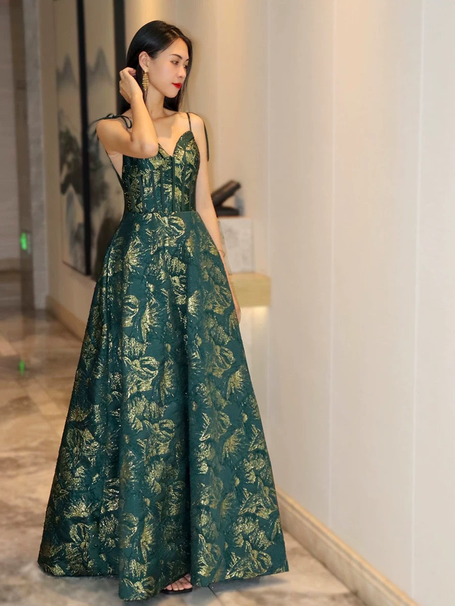 Pretty Ball Gown Spaghetti Straps Satin Green Long Length Evening Dress Prom Dresses