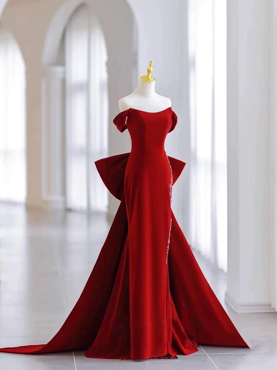 Pretty Mermaid Off The Shoulder Burgundy Satin Long Evening Dress Prom Dresses