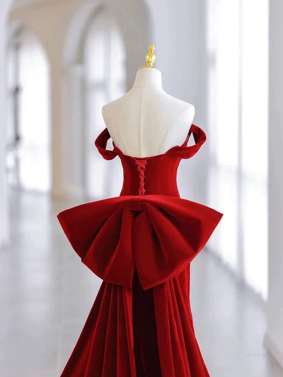 Pretty Mermaid Off The Shoulder Burgundy Satin Long Evening Dress Prom Dresses