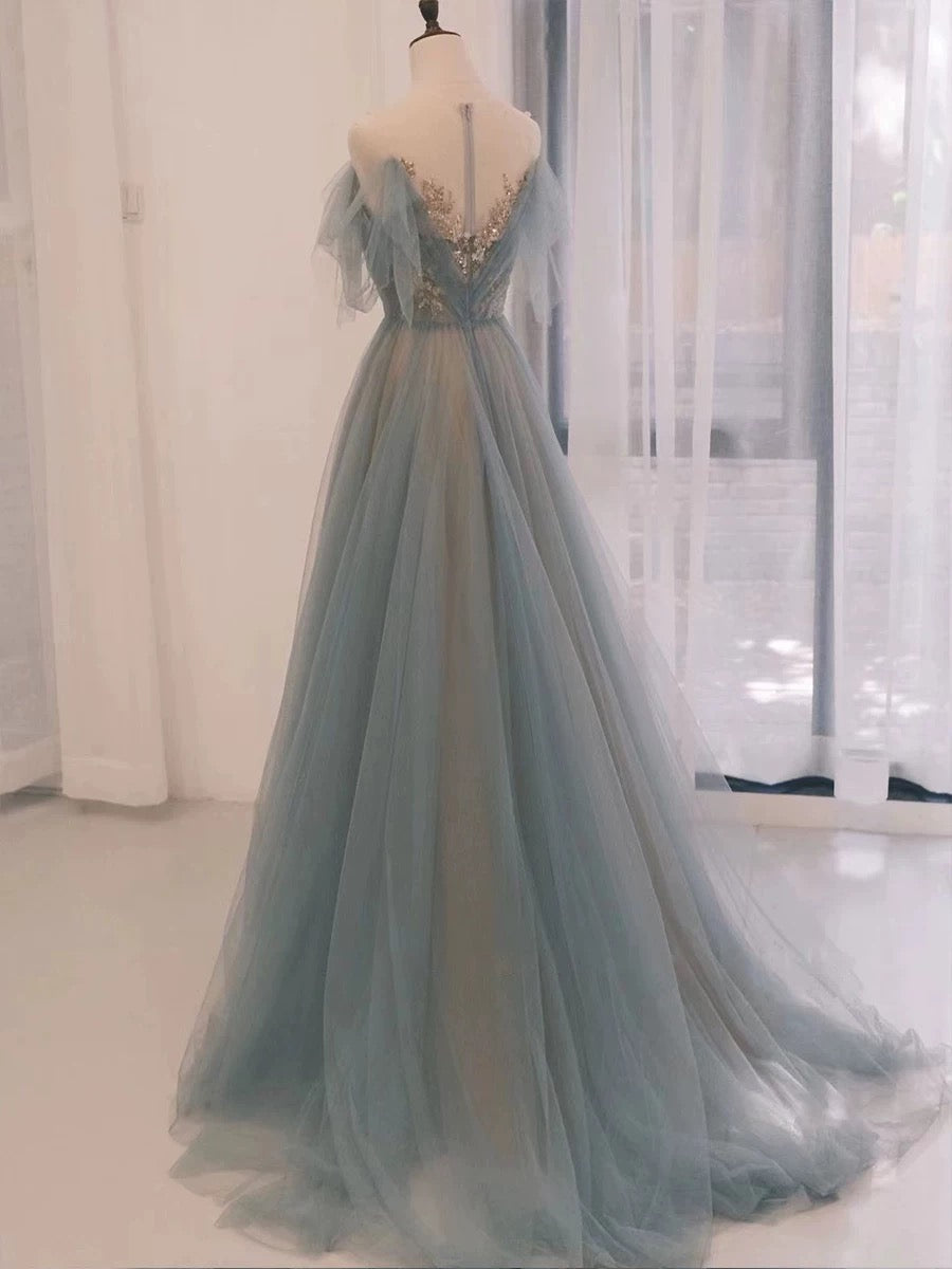 Pretty A Line Off The Shoulder Blue Tulle Long Length Evening Dress Prom Dresses