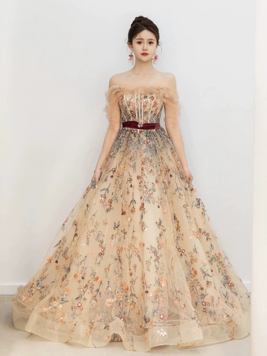Pretty A Line Off The Shoulder Long Sleeves Floral Tulle Long Length Evening Dress Prom Dresses