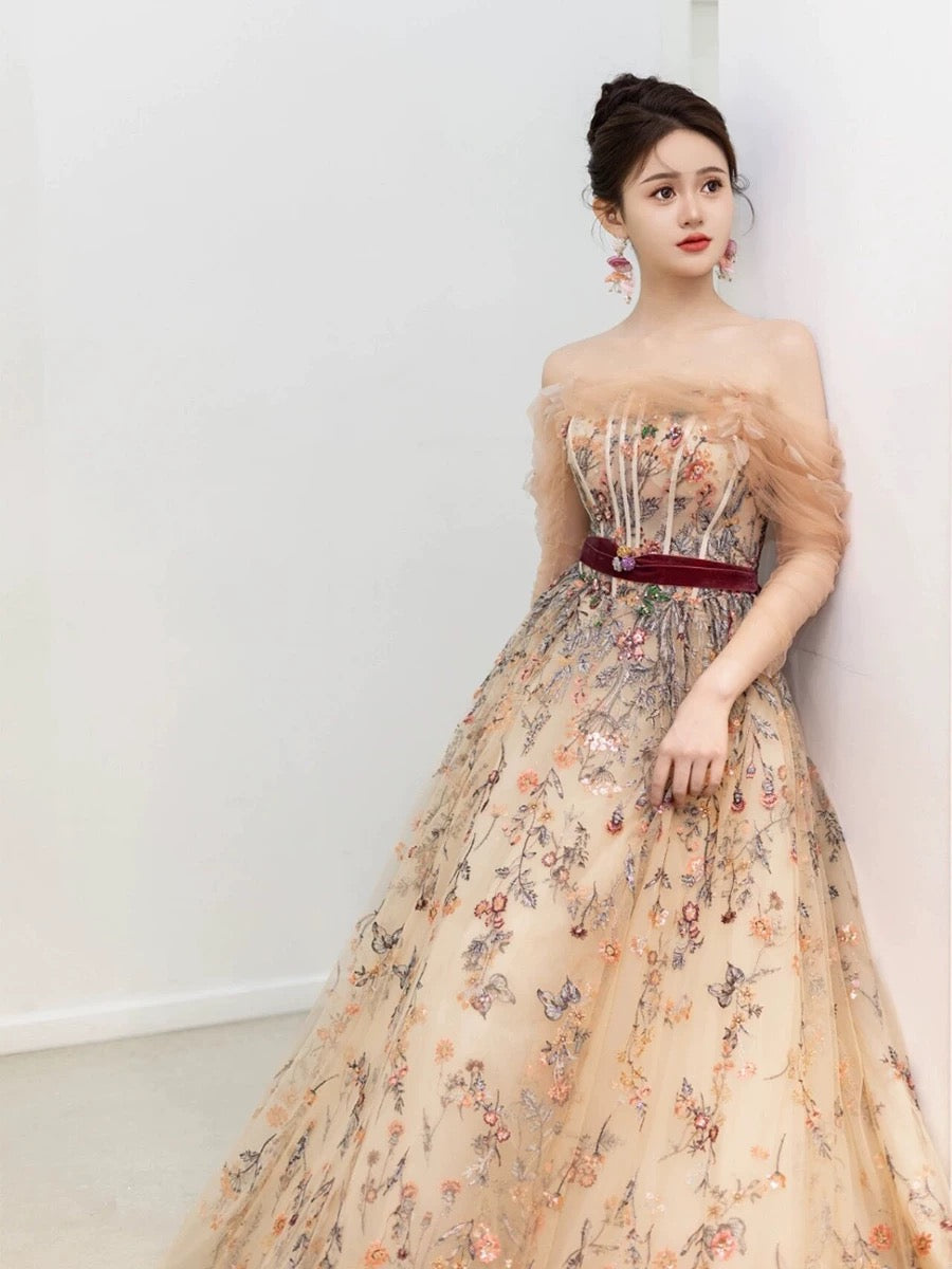 Pretty A Line Off The Shoulder Long Sleeves Floral Tulle Long Length Evening Dress Prom Dresses