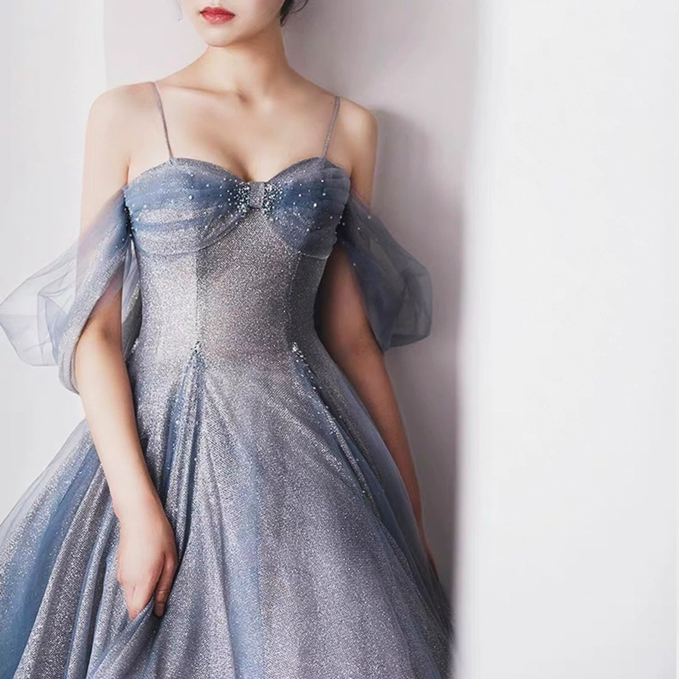 Pretty A Line Off The Shoulder Blue Sequin Tulle Long Length Evening Dress Prom Dresses