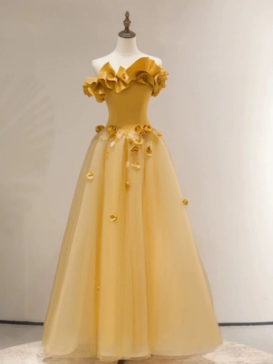 Modest A line Strapless Yellow Tulle Long Prom Dress Party Dress