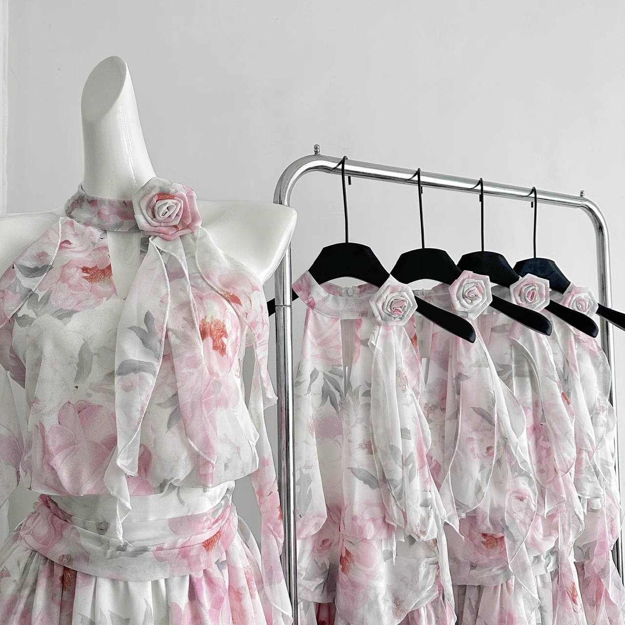 Cute A line Halter Rose Flower Sleeveless Floral Pink Dress Short Holiday Dresses
